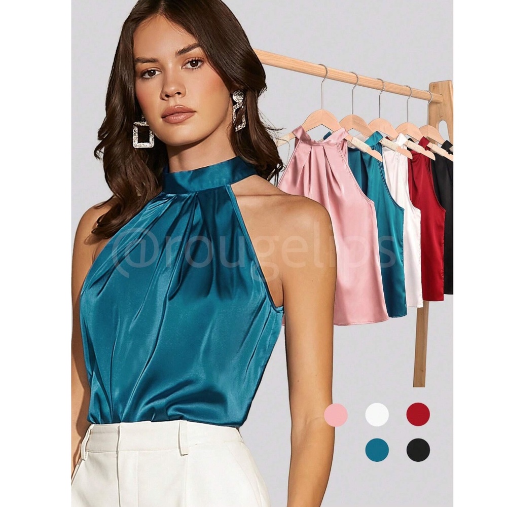 Teal Blue Satin Halter Blouse Top - Picture 2 of 15